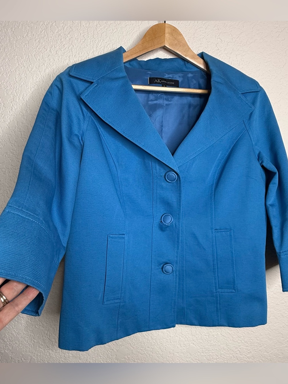 Anne Klein Blue Cropped Blazer 3/4 Sleeve Jacket Size 8 Old Money Style Chic